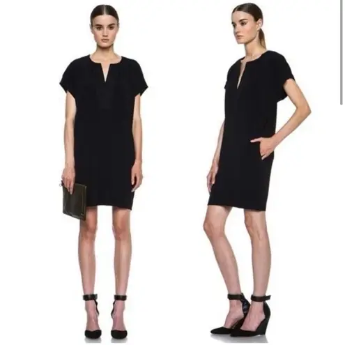 Vince  Black Viscose Dress Size S Silk V Neck Trim Shift Mini Dress