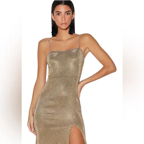 Lulus  Searching For You Metallic Gold Glitter Mermaid Maxi Dress Womens Med NEW