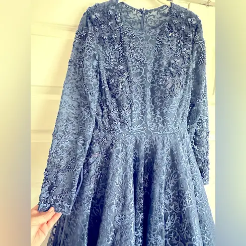 Mac Duggal Women’s Embellished Illusion Long Sleeve A-Line Gown Navy Sz 8- NWOT