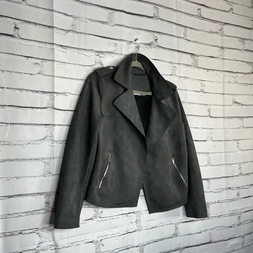 T Tahari Tahari Faux Leather Biker Moto Jacket Charcoal Grey Relaxed Zip Pockets M Lined