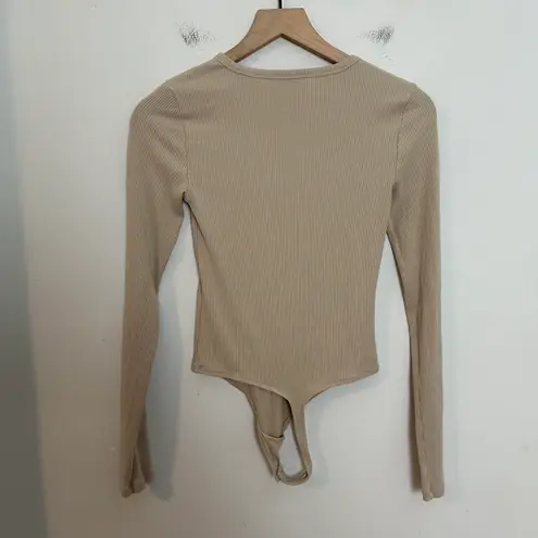 Wilfred - Long Sleeve Rib Body Suit Tan Aritzia Snap Closure Thong