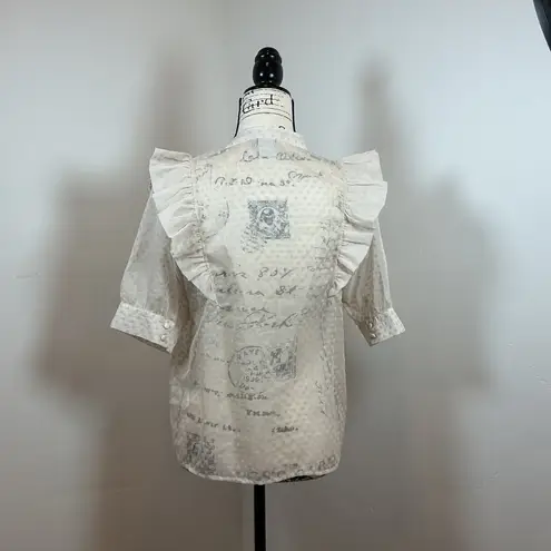 ICHI Cream Ruffle Sheer Dot Blouse Pintuck Front Script Print Romantic Boho Top Tan