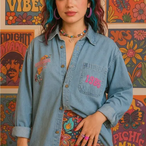 Vintage 1985 Embroidered Denim Shirt Stay Cool University Cotton Y2K Top 2XL Blue Size XXL