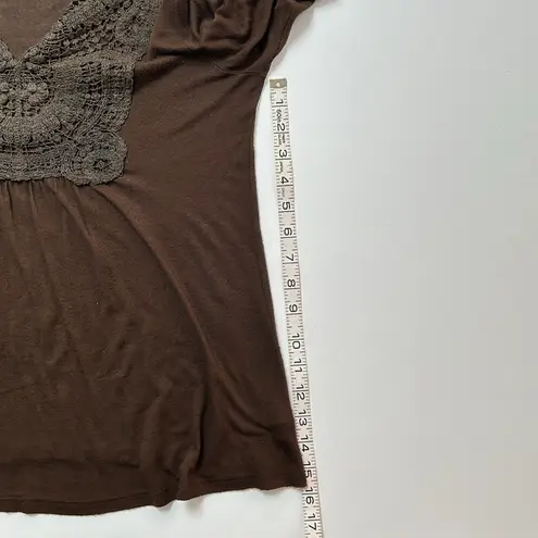 Dark brown crocheted lace bib front elbow puff sleeve top Size L