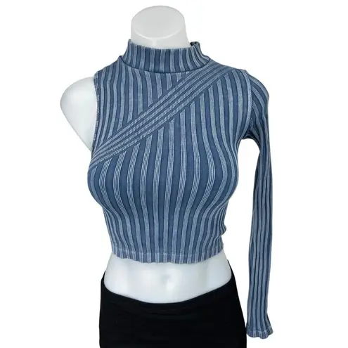 ZARA  Blue Striped One Shoulder Long Sleeve Mock Neck Crop Sweater Top Size M/L