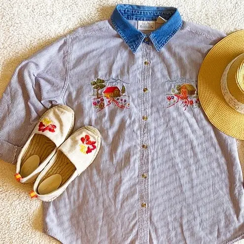 basic editions 90s Embroidered Farm Denim Collar Blue White Button-down Size L