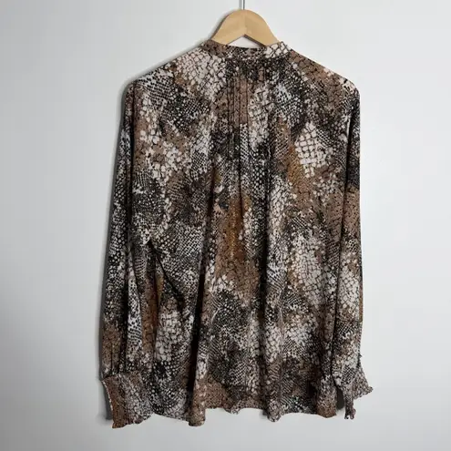 NYDJ Snake Print Blouse Long Sleeves Pleated Front Large Black Brown Casual