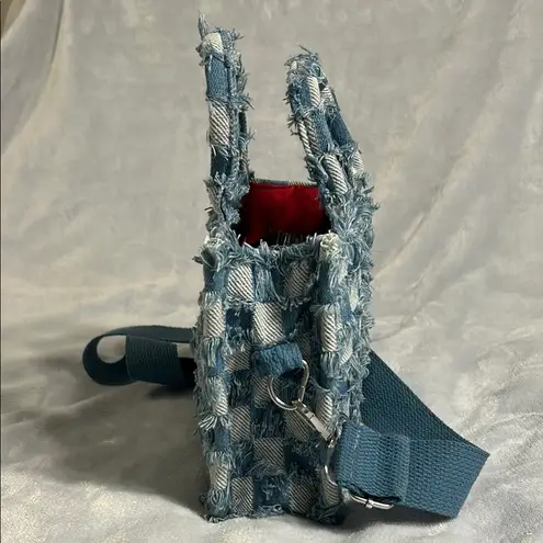 Blue Denim Checkered Crossbody Bag with Adjustable Strap