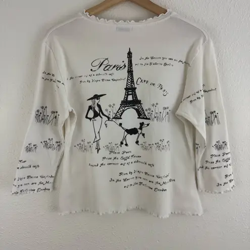 CACTUS Vintage Y2K White Black Paris Eiffel Tower V Neck Graphic Long Sleeve Top Size L