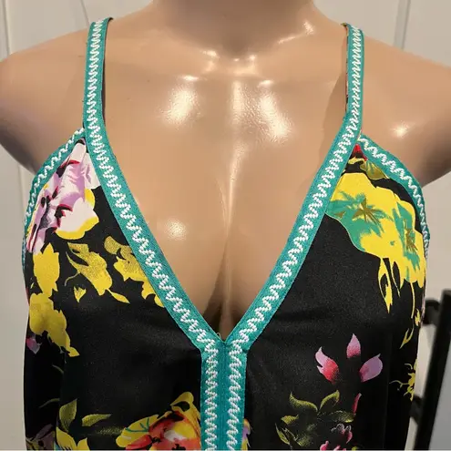 Floral sheer swim coverup Maxi Dress w/embroidery Trim size L high side slits Black Size L