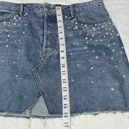 Milla Embellished Crystal & Pearls Raw Hem Frayed Mini Denim Skirt Jean Skirt in Solstice Blue Size M