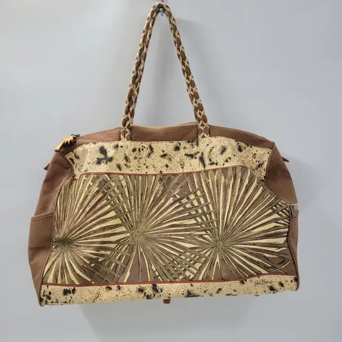 Paul Breut Travel Weekender Duffle Bag Large Brown Canvas Sequin Palm Tree Print Tan