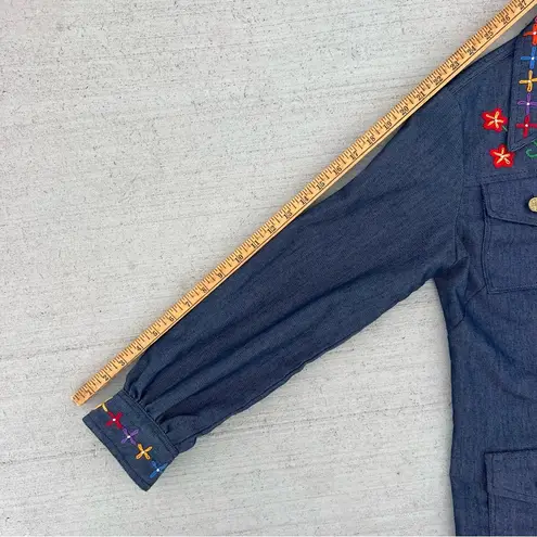 60s Handmade Embroidered Daisy Chain Mushy Mod MCM Selvedge Denim Shirt Jacket Blue Size M