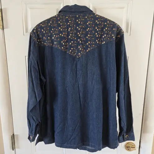 Vintage Country Wear Denim Western Shirt Gold Embroider Sequins Sz 12 Rodeo Chic Blue