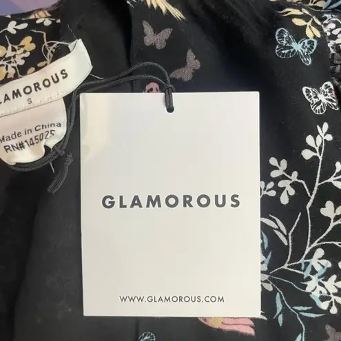 Glamorous NWT  V Neck Bird Print Maxi Dress in Black‎ Size Small