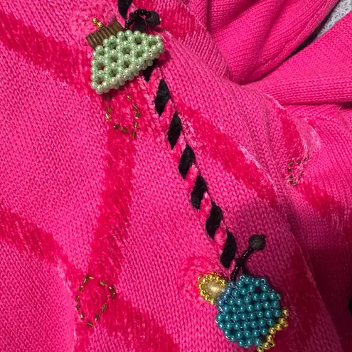 Jack B Quick Hot Pink Argyle Cardigan Sweater Beaded Purse Buttons Fun Artsy Size L