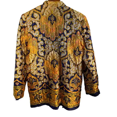 Vintage Satin Quilted Open Blazer Gold & Paisley Statement Jacket Blue Size L