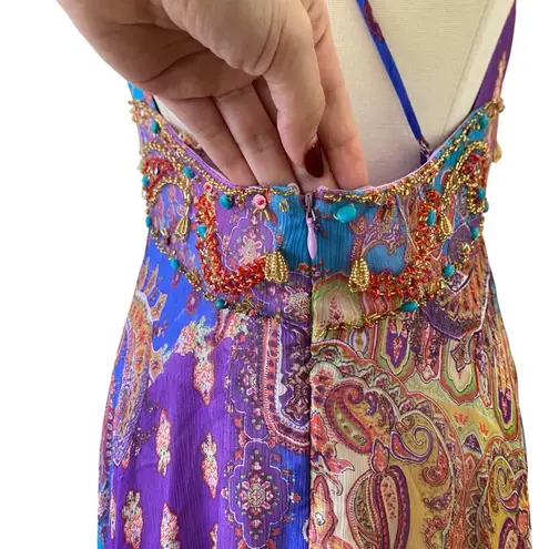 Issue Silk Beaded Paisley Maxi Dress Boho Evening Gown Open Back 90s Y2K Size 8