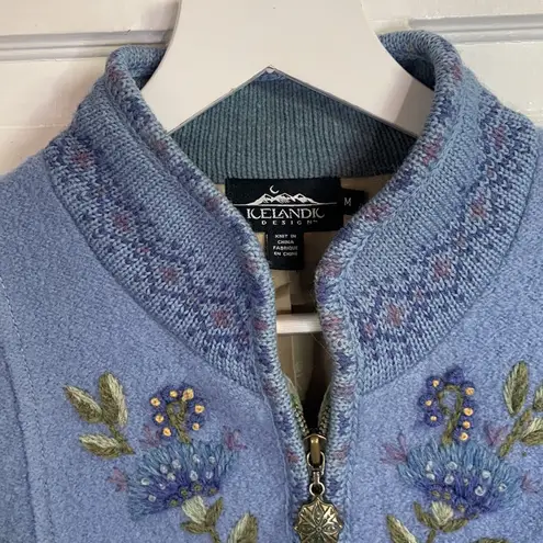 Vintage Blue Icelandic Design  Wool Floral Embroidered Jacket Cardigan Sz M