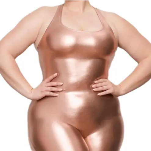 SKIMS champagne swim metallic cycle romper | one-piece | rose gold swim