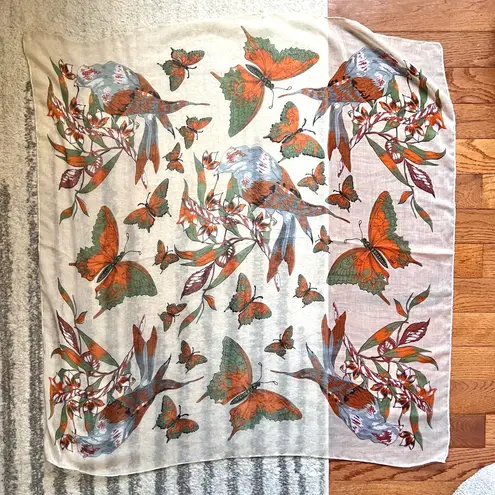 Vintage Floral Bird & Butterfly Print Scarf – 40x40” Square – Lightweight Sheer Wrap Multiple