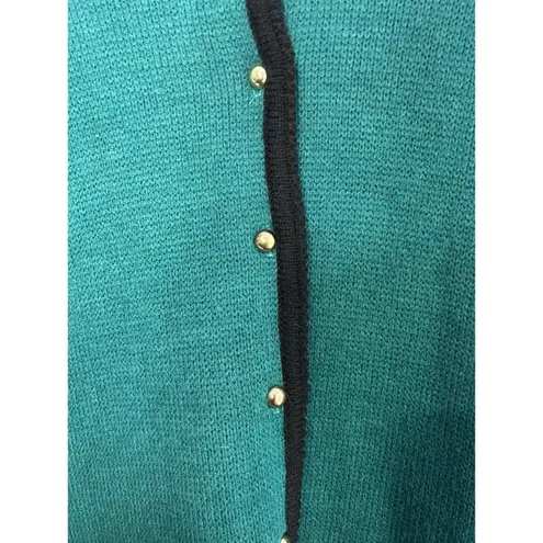 Karen Scott VTG Women Medium Button Down Green Cardigan Black Trim Office Formal