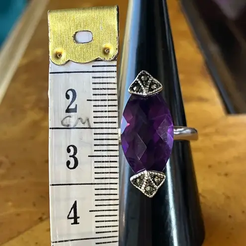 African Amethyst Marcasite Sterling Silver Ring Size 8