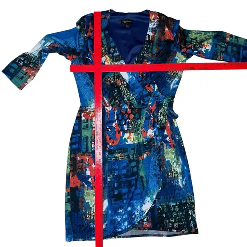 Oleg Cassini Faux Wrap Dress 4 Side Tie V-Neck Colorful Abstract Artsy Stretchy - Image 9
