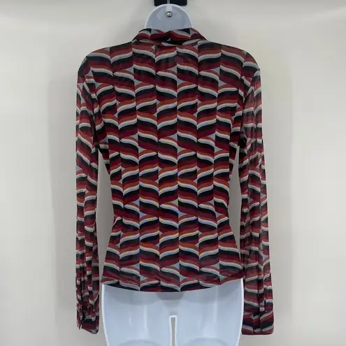 Y2K Retro Button Front Womens Top Sz M Sheer Indie Groovy 70s Mesh Ruching Wavy Red Size M