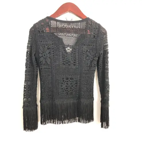Charles Chang Lima Lace Fringe Embroidered Floral Long Sleeve Black