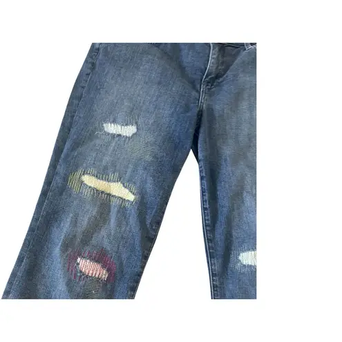 NYDJ Marilyn Straight Lift Tuck Embroidered Multicolored Distressed Jeans Sz 10