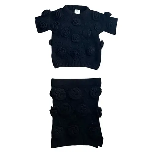 Tach Clothing Women’s Polina Top Elena Crochet Knit Skirt Set Black Rosettes S