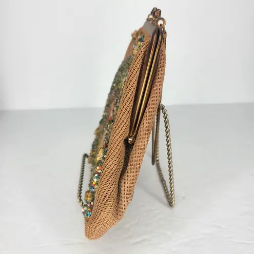 Vintage 50s Floral Tapestry Stitch Seed Bead Purse Handbag Top Handle‎ Brown