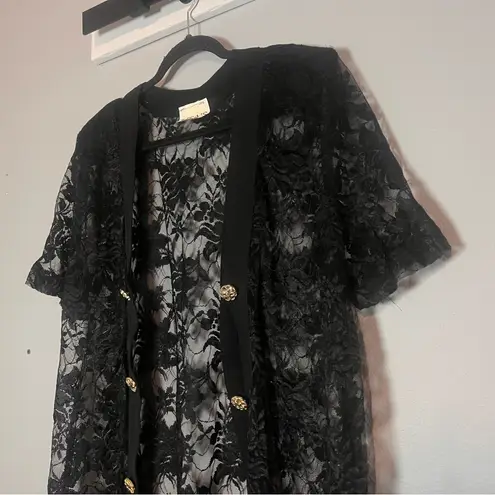 Vintage Lisa’s Cardigan Black Lace Short Sleeve Open Front Gold Buttons Size XXL