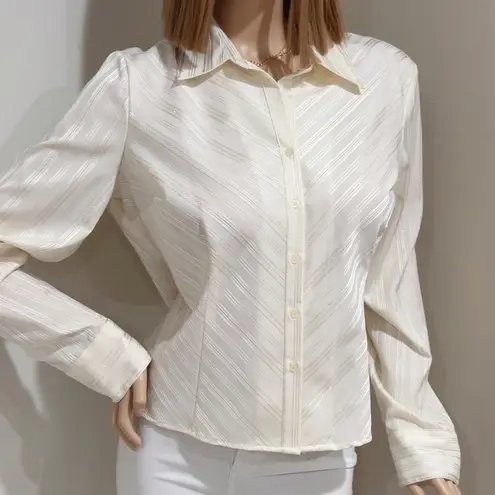 Covington Women's Cream Gold Striped Long-Sleeve Stretch Button Up Shirt Size XL