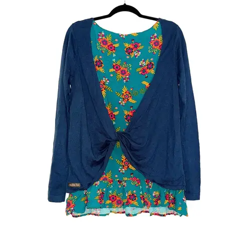 Matilda Jane Long Sleeve Mix Media Floral Twist Back Teal Sweater Top MEDIUM