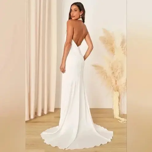 Lulus Eternity Together White Satin Halter Mermaid Maxi Dress Size L Size L