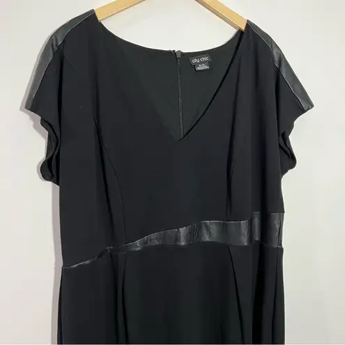 City Chic Spliced Mod Sheath Dress Black Ponte Faux Leather Trim V-Neck XL/22