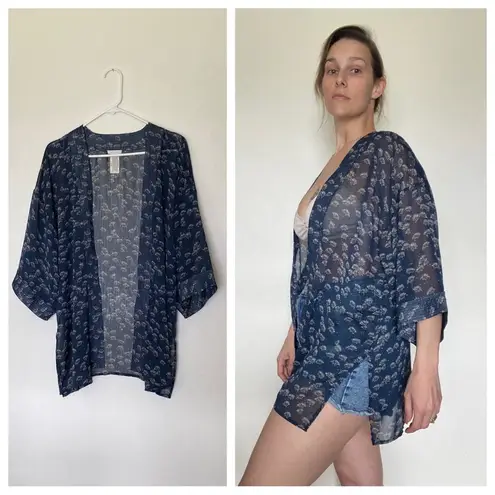 Lucky Brand Kimono Swim Coverup Kaftan Sheer Navy Cream OS
