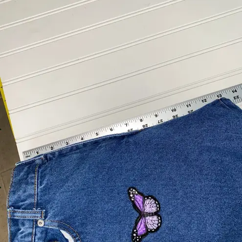 Minga London Butterfly Embroidered High Waist Straight Leg Jeans Y2K 32 US 8 Blue