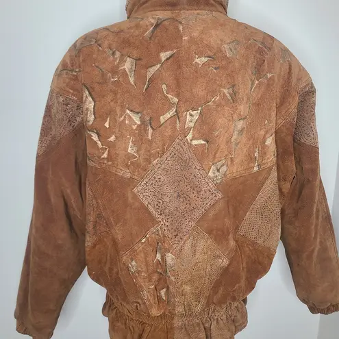 Vintage WINLIT 80s Leather Patchwork Print Bomber Jacket Coat Size S Brown