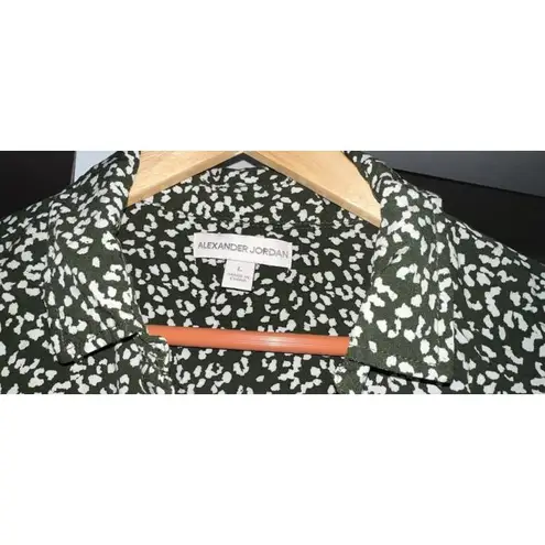 Alexander Jordan Green White Print Button Front Blouse Women’s L Size L
