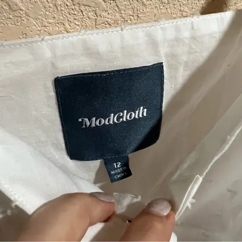 Modcloth  Quite Clearly Charismatic white Swiss dot button front midi dress 12