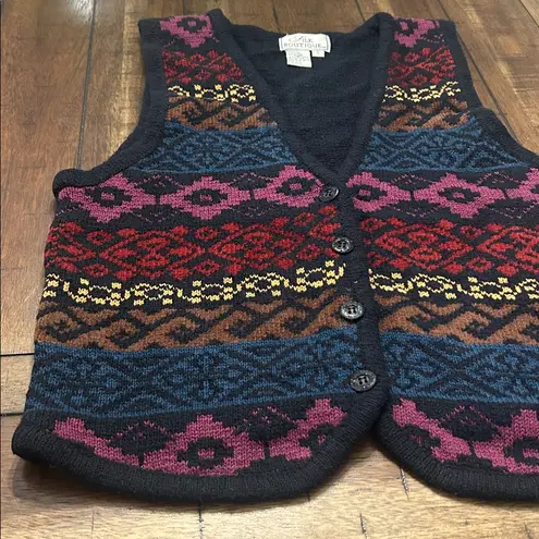 Vintage Silk Boutique Fair Isle Sweater Vest Small V Neck Button Front Red