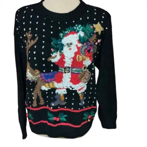 Vintage 90s Hand Embroidered Santa Claus Holiday Sweater Black Size M