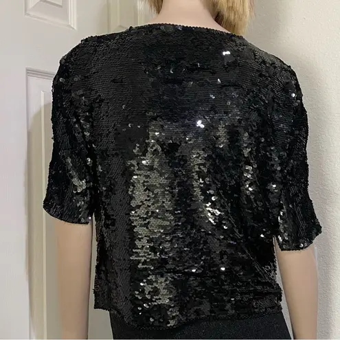 Vintage Fully Sequinned & Beaded Wild Cat Leopard Dolman Sleeve Silk Top Size S Black