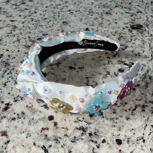 Brianna Cannon Satin/Silk Headband with Hand Sewn Beads Flowers Feminine New White