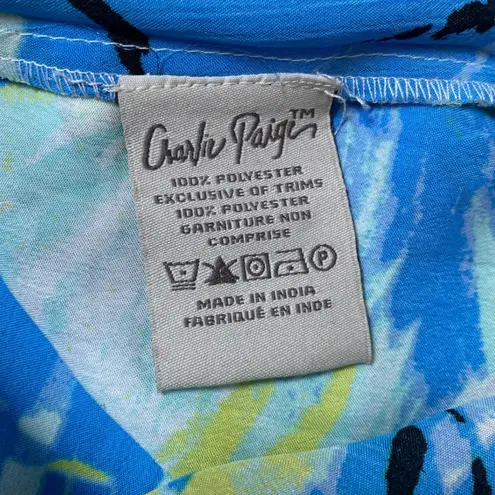 Charlie Paige Abstract-print tie-neck blouse Blue & Yellow 3/4 sleeves L NWOT