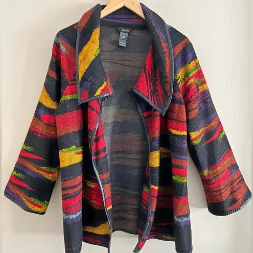 Boho Art Knit Jacket Abstract Striped Shawl Collar Cardigan L Ali Miles Red Size L