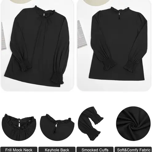 NEW Black Frilled Ruffle Neck Lantern Sleeve Smocked Cuff Blouse Size Medium